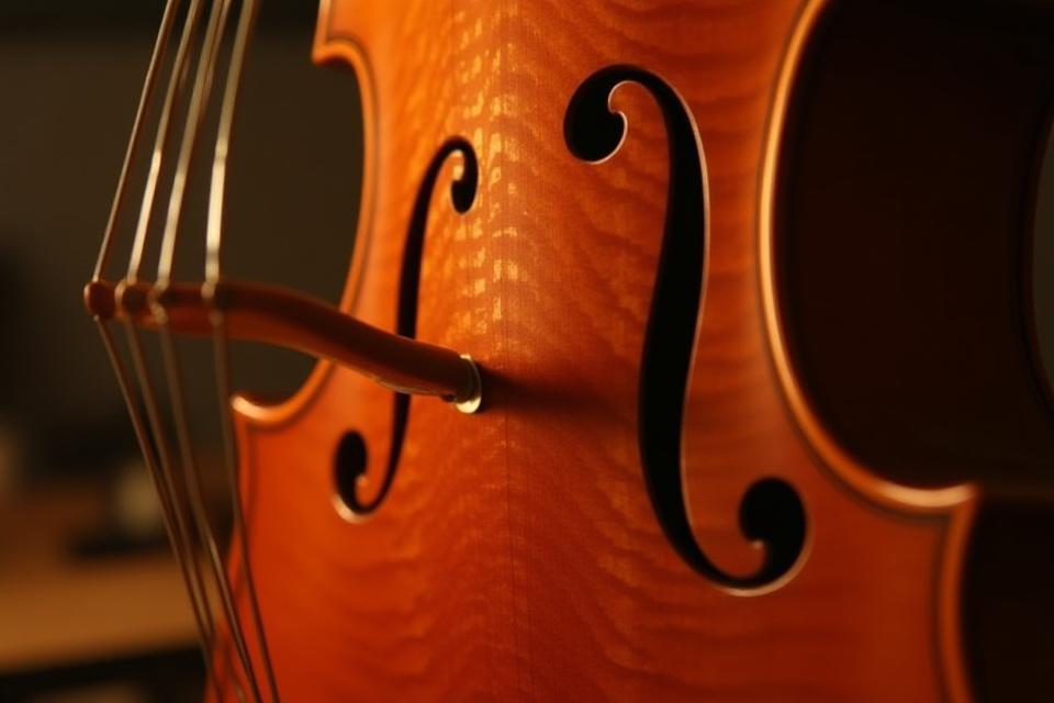 Gros plan d'un violoncelle fait sur mesure, montrant la richesse de la texture du bois