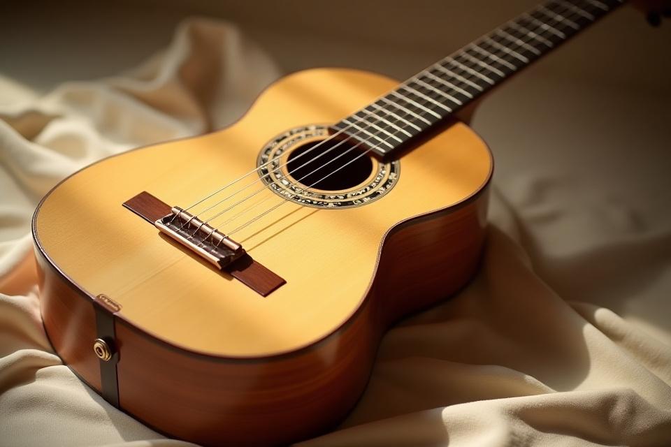 Guitare classique artisanale avec des incrustations complexes et une finition brillante
